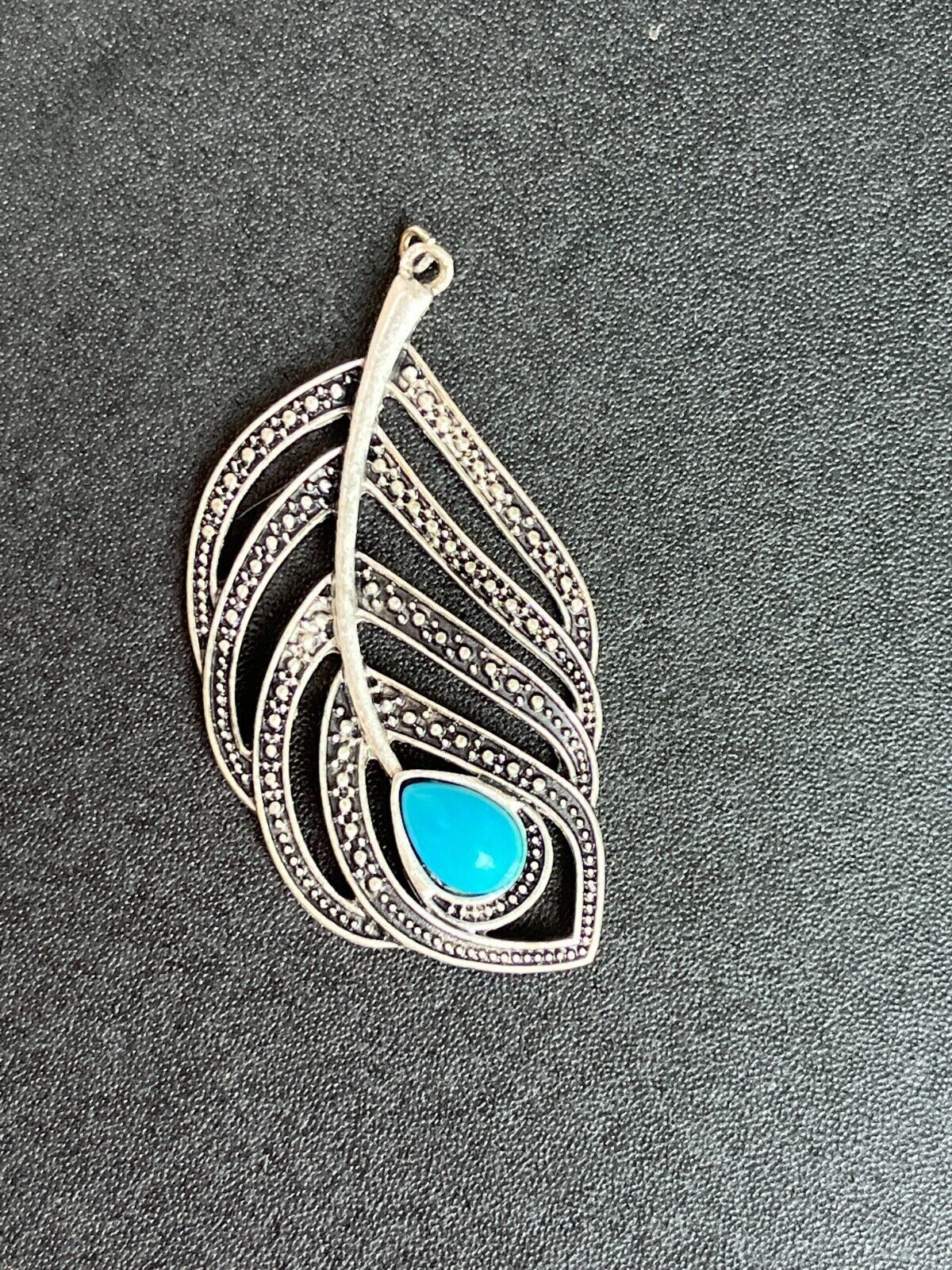Primary image for Large Faux Marcasite Silvertone Feather w Plastic Turquoise Colored Teardrop Cab