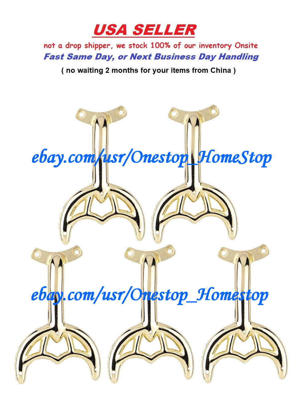 5 52" Polished Brass Ceiling Fan Blade Arms, Replacement Brackets, NEW Lighting Parts