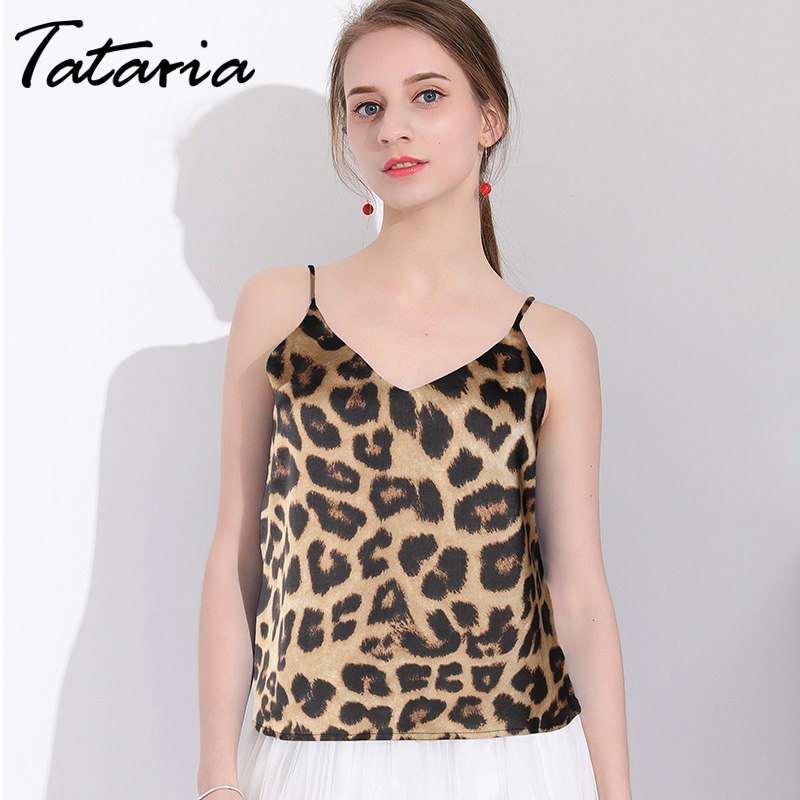 Silk Camisoles For Women Deep V Neck Halter Tops Vest Sexy Leopard Print Cami T - T-Shirts 