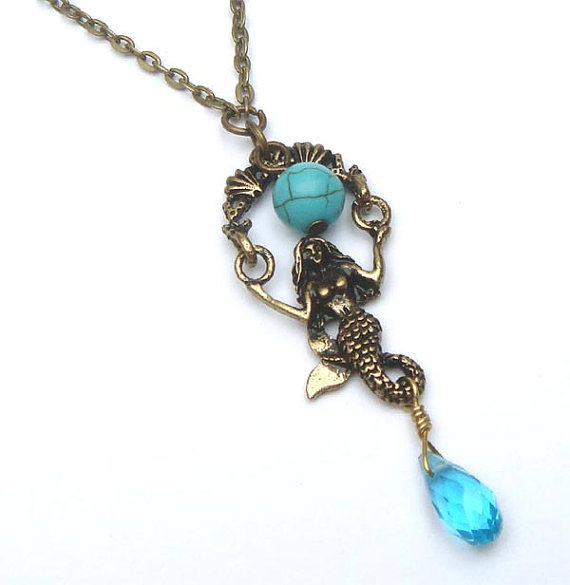 Antiqued Brass Mermaid Turquoise Quartz Necklace - Necklaces & Pendants