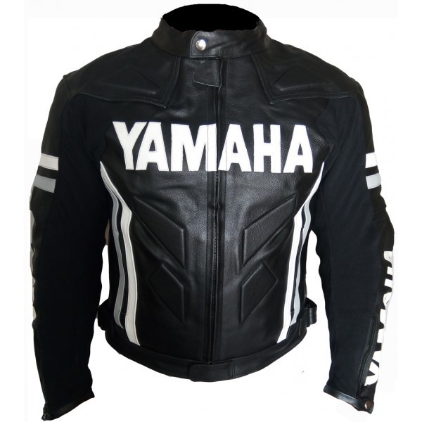 Men Black Yamaha Motorcycle Racing Genuine Leather White Striped