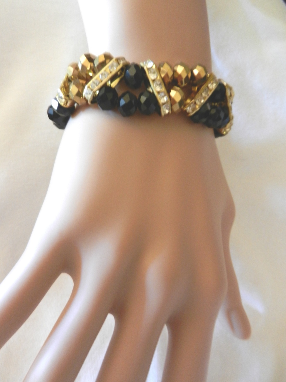 NEW!!!! Gold & Black Beads Stretch Gold Rhinestones Multi Row Bracelet ...