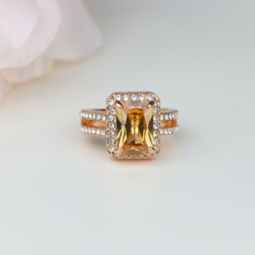 14k Rose Gold Plated Champagne CZ Emerald Cut Halo Engagement Ring