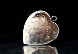 Vintage Sterling Heart Locket 2 Picture Bright Cut Etched Pendant Signed - $26.00