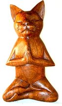 Meditating Yoga Kitty Statue Hand Painted Carved Wood Praying Cat Kitten... - $29.64