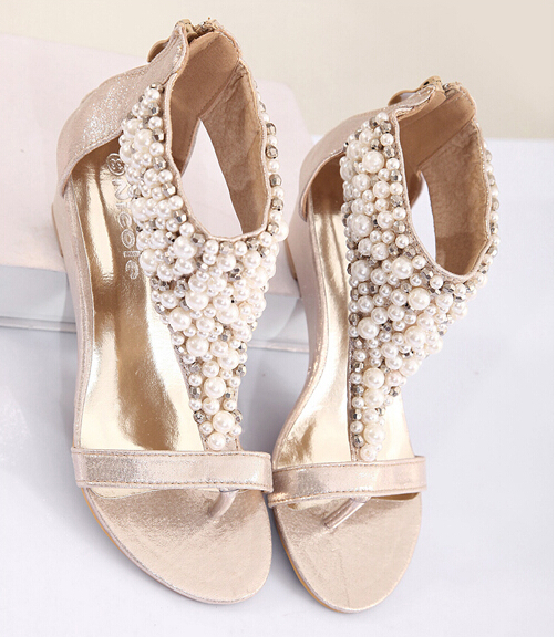 Image of Golden Women Pearls Bridals Wedges Sandals,Golden Ladies Wedding Wedges sandals