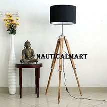 Chrome Finish Natural Wooden Tripod Floor Lamp With Black Shade By Nauticalmart