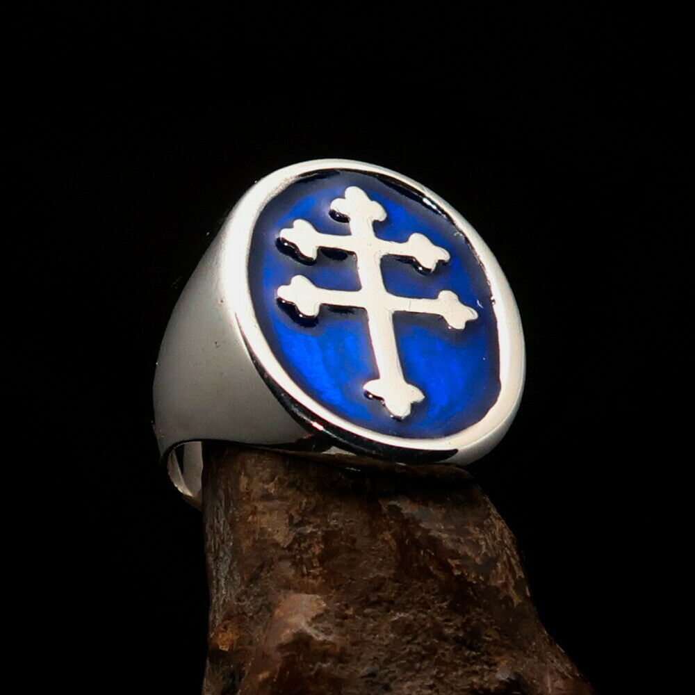 Oval Mens Resistance Ring Two Barred blue Cross of Lorraine - Sterling Silver