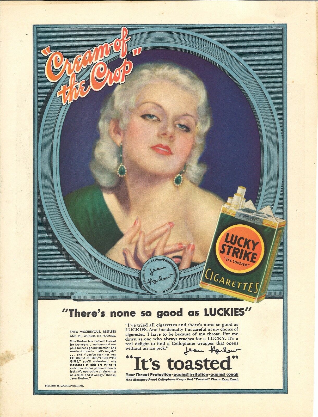 Gorgeous JEAN HARLOW Color-Tinted Lucky Strike Cigarettes Oversized Ad ...