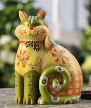 Cat Figurine Animated 7.6" High Green Yellow Whimsical Home Decor Poly Stone - $34.64
