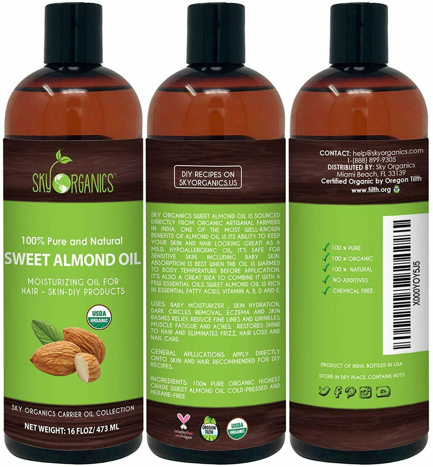 Sky Organics USDA Organic Sweet Almond Oil 100 Pure ColdPressed