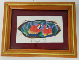 Vintage Framed Hand Painted Feather Nicaraguan Colorful Love Parrots - $18.95