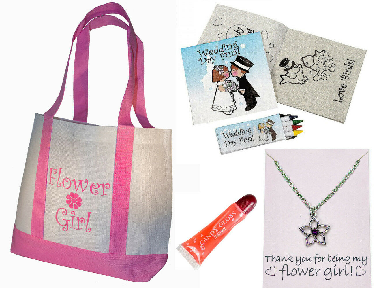 Best Flower Girl Gifts Set Tote Bag Necklace Lip Gloss Wedding Day Activity kits