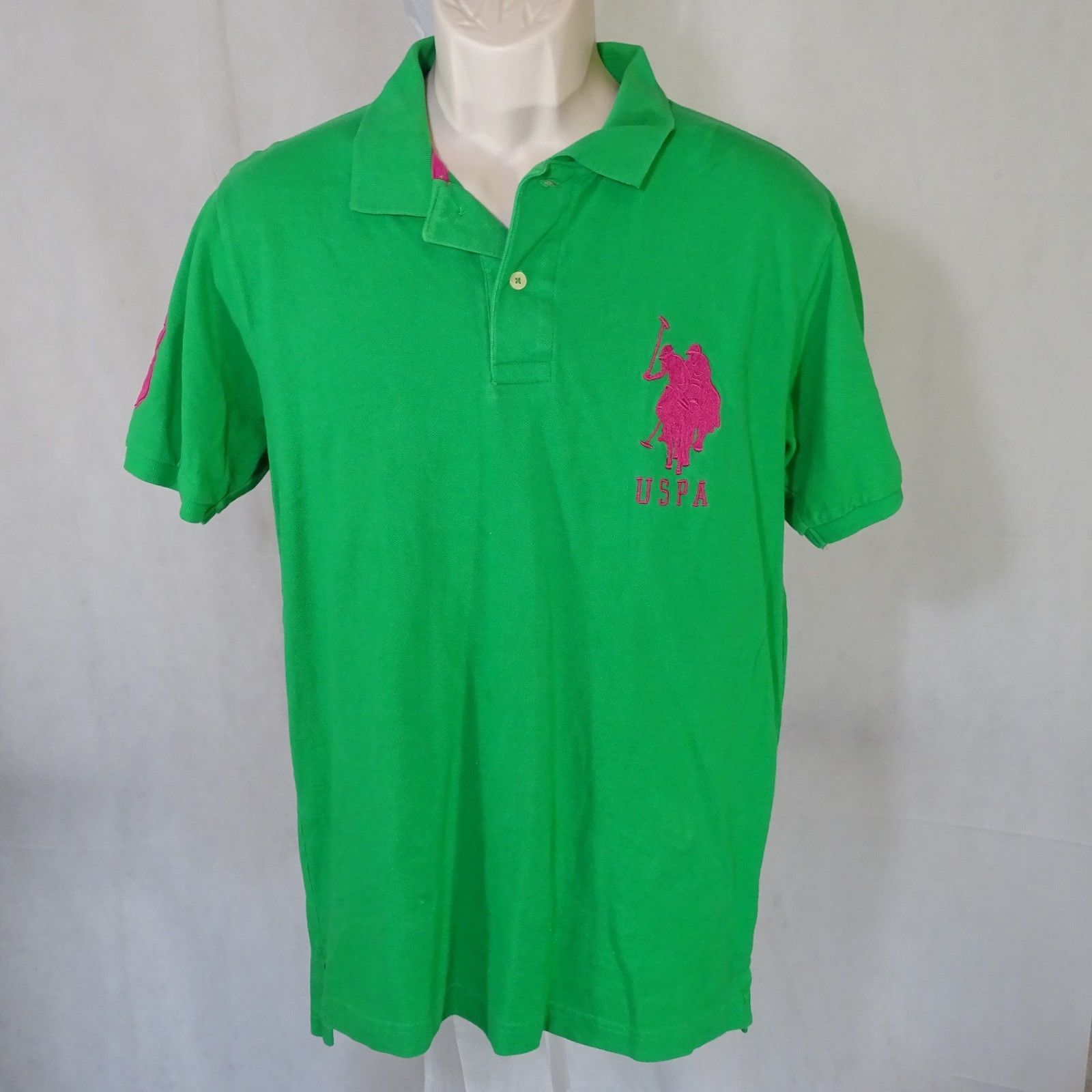US Polo Assn USPA Pique Polo Shirt Men Size L Green Pink Big Logo ...