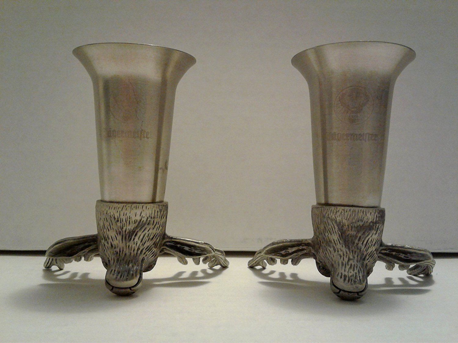 Pair 2 Jagermeister 10 Pt Deer Stag Head Pewter Steel Stirrup Cup Shot