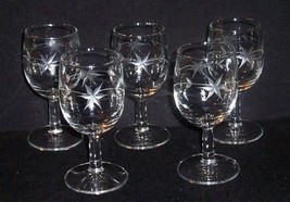 5 Vtg Starburst Etched Crystal Stem 5 1/2 Wine/Liqueur/Cordial Bar Glasses - $17.82