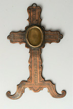 ⭐ antique religious cross ,crucifix copper with picture frame,reliquary ?⭐ - $85.00