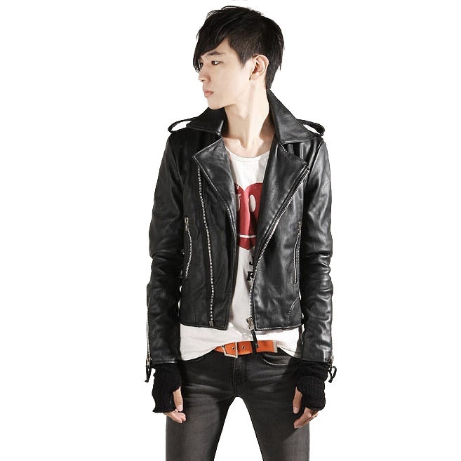 Han Edition Men's Cultivate One's Morality PU Leather Jacket Lapel