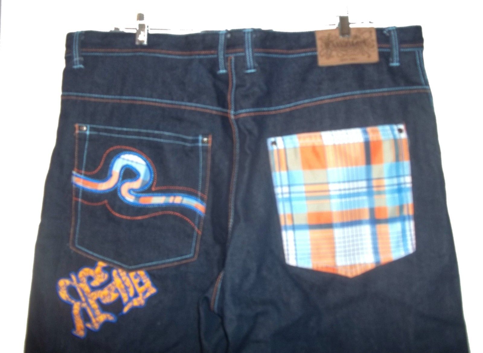 Raw Blue Jean Denim Jeans Plaid Accents Contrast Stitching Jeans Sz 42 ...