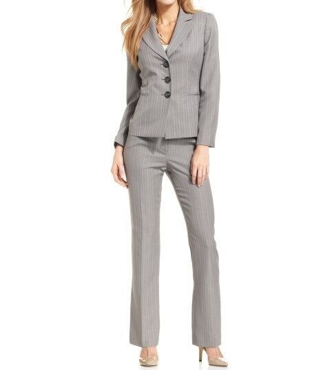 Evan Picone Pant Suit Sz 10 Grey Peach Pin Stripe City Chic Business ...
