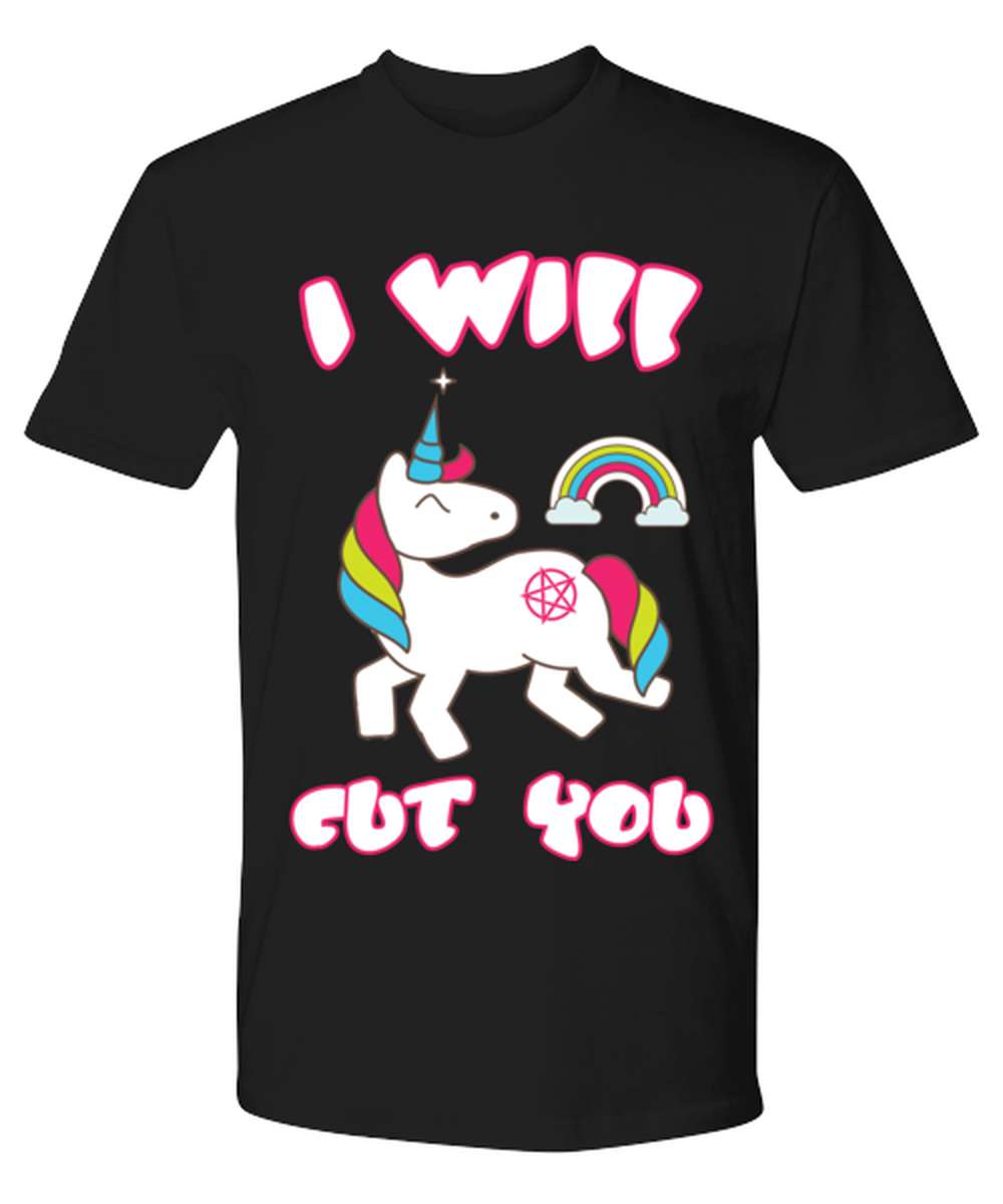 I Will Cut You Unicorn, black Premium Tee. Model 6400014