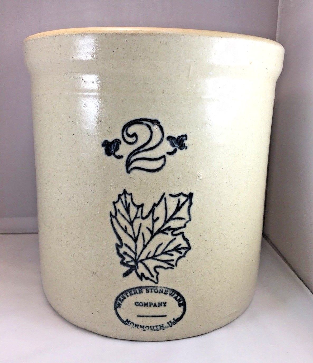 Old Western Stoneware Crock Monmouth ILL. 2 Gallon w Maple Leaf Crocks