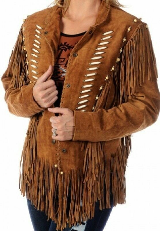 Women's Brown Color Bone Beaded Fringes Western Style Suede Real Leather Jacket