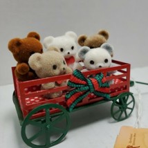 Vintage Enesco 1985 Christmas Ornament Red & Green Wagon Five Felt Teddy Bears - $20.84