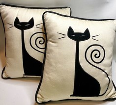 Set Of 2 Modern Black Kitty Cat Throw Accent Pillow By Newport Long Neck... - $51.43