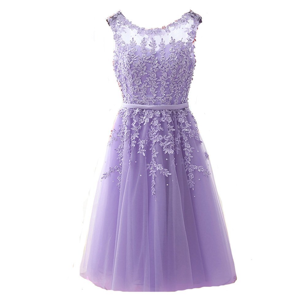 Kivary Sheer Bateau Tea Length Short Lace Prom Homecoming Dresses Plus Size Lila