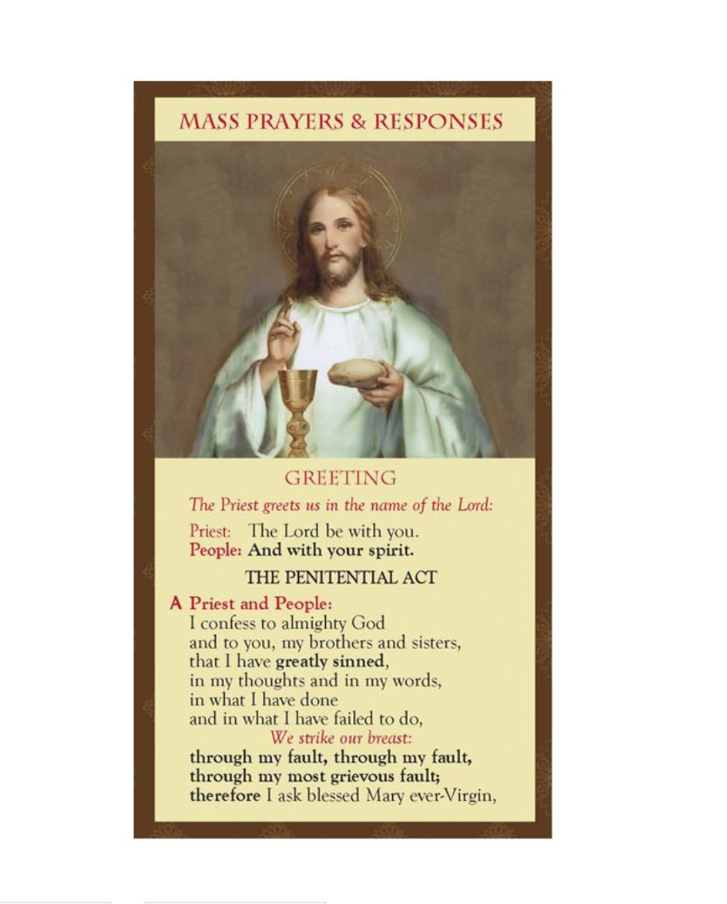 Laminated Trifold Catholic Mass Responses and Prayers Pamphlet