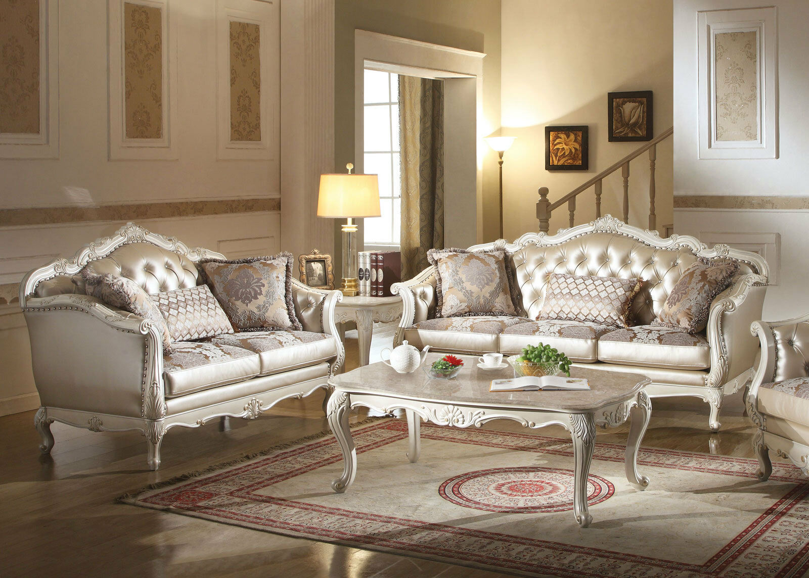 LIRIENE Old World Living Room Set Wood Trim Rose Gold Faux Leather Sofa