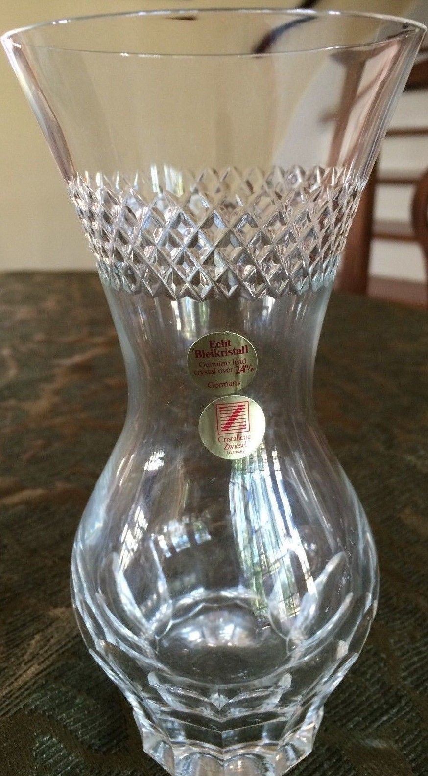 GERMAN CLEAR GLASS CRYSTAL VASE with fabulous design, marked Germany