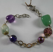 .925 RHODIUM SILVER AND YELLOW GOLD PLATED BRACELET WITH GREEN JADE, AMETHYST image 1