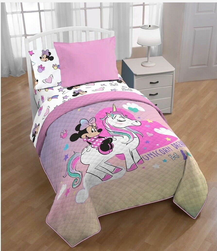 MINNIE MOUSE AND UNICORN DISNEY ORIGINAL LICENSED BEDSPREAD QUILTED 5 PCS TWIN
