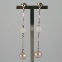 SOLID 18K WHITE GOLD EARRINGS, WITH PINK PEARL AND PINK QUARTZ,  MADE IN ITALY image 1