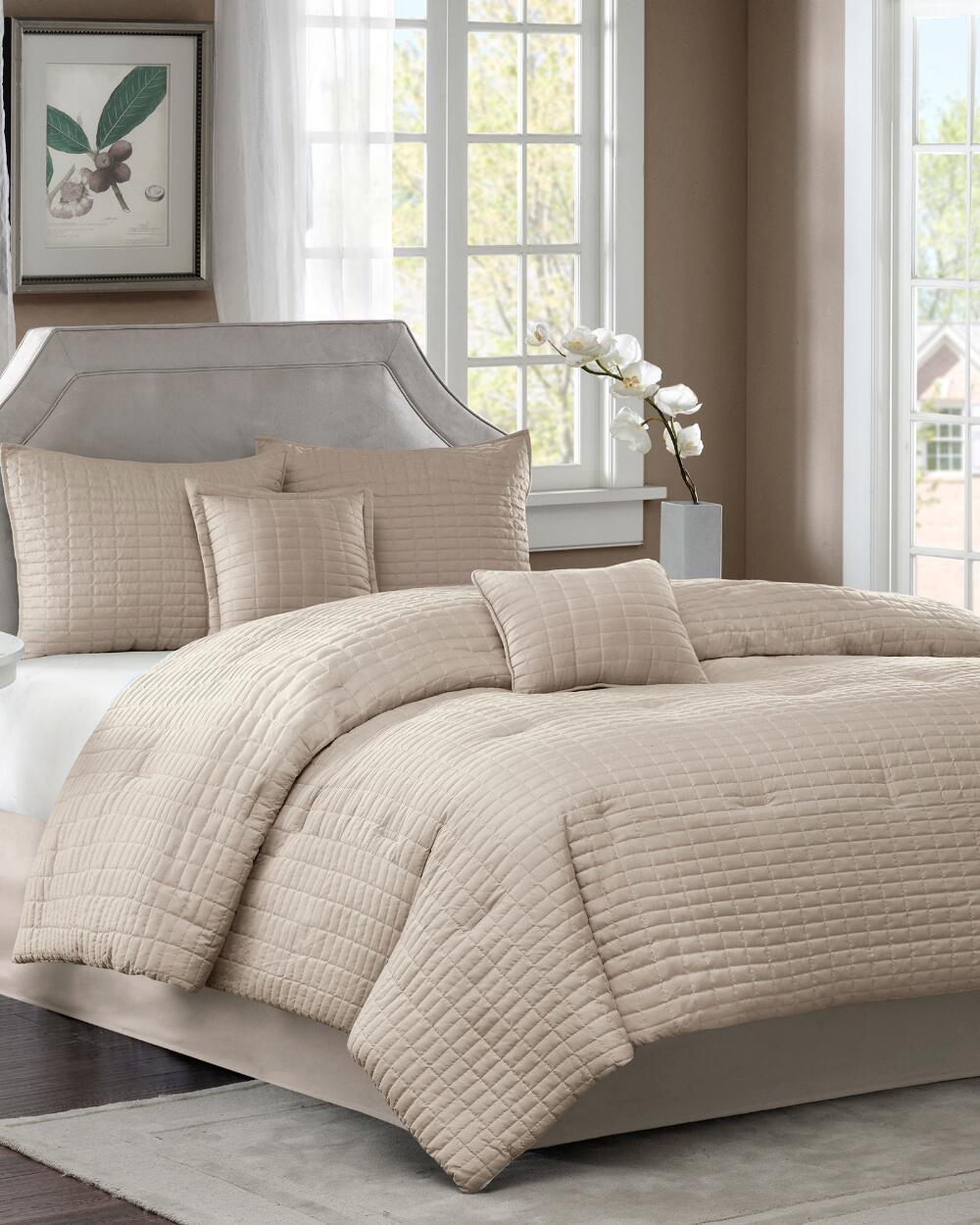 Solid Khaki Tan Quilted Textured Geometric Soft 6pc Comforter Set w ...