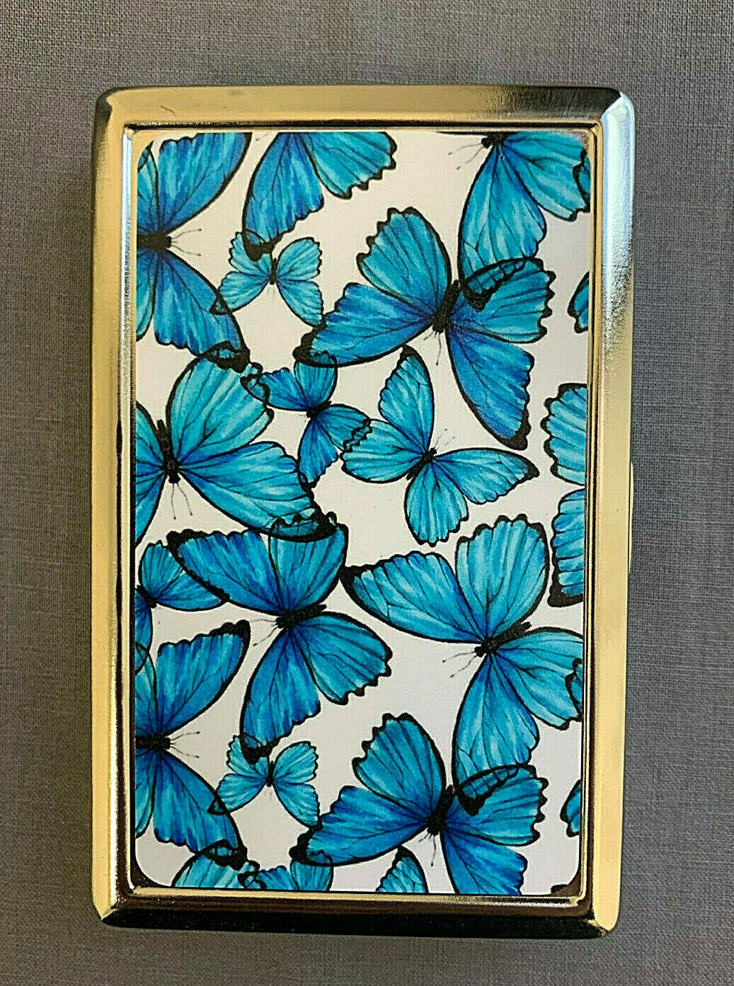 Blue Butterfly Wallpaper Silver Metal Cigarette Case RFID Protection Wallet
