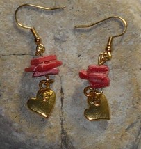 Pink Puka Earrings Polished Pink Puka Shell Bead Gold Heart Drop Dangle Earrings - $6.95