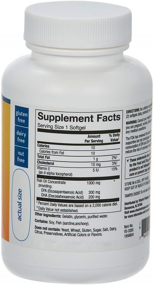 The Vitamin Shoppe Omega 3 Fish Oil 1,000MG, EPA 300mg DHA 200mg, Dietary Supplements