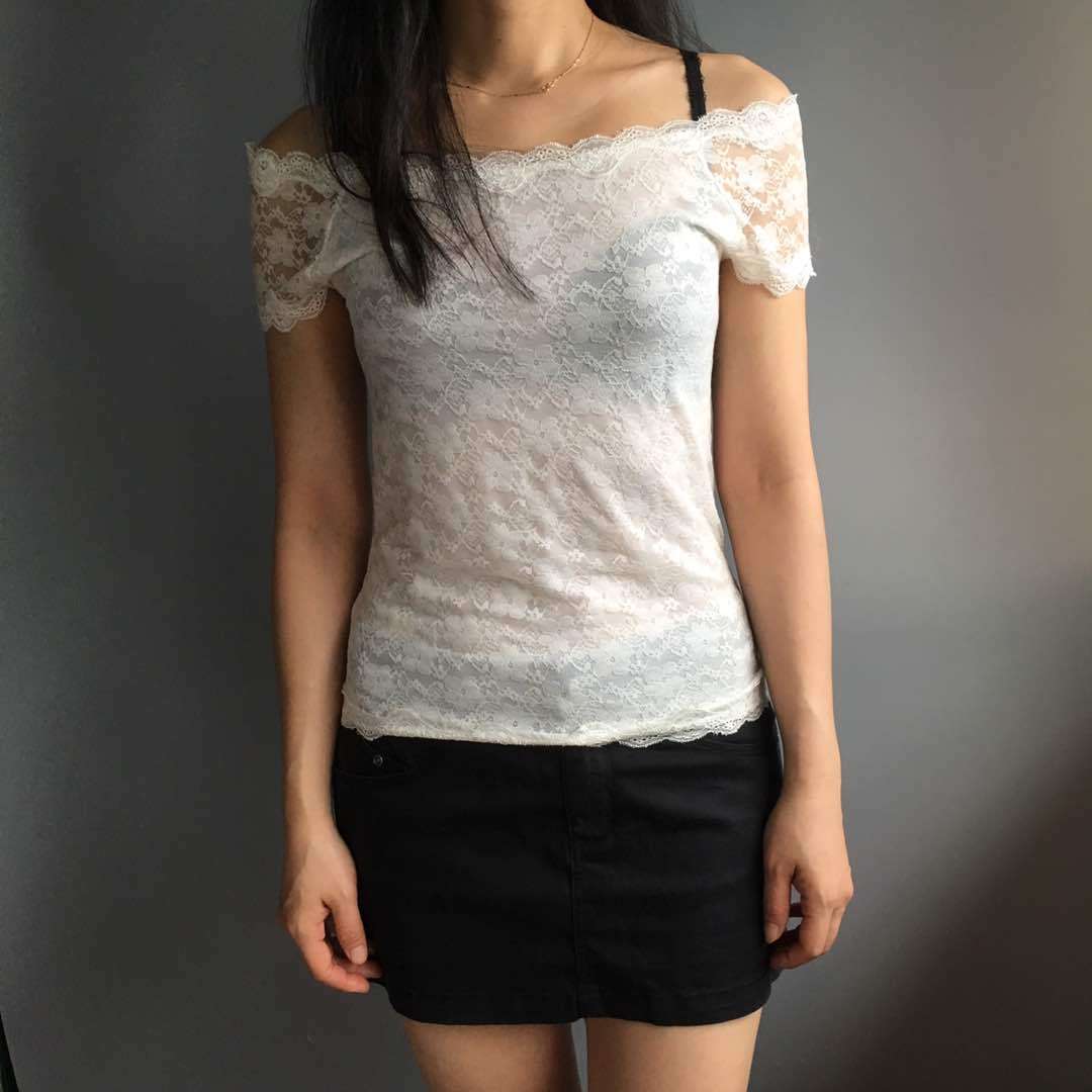 Casual Tops Women's Double Lace Hollow Out Low Collar Short Sleeve Tops