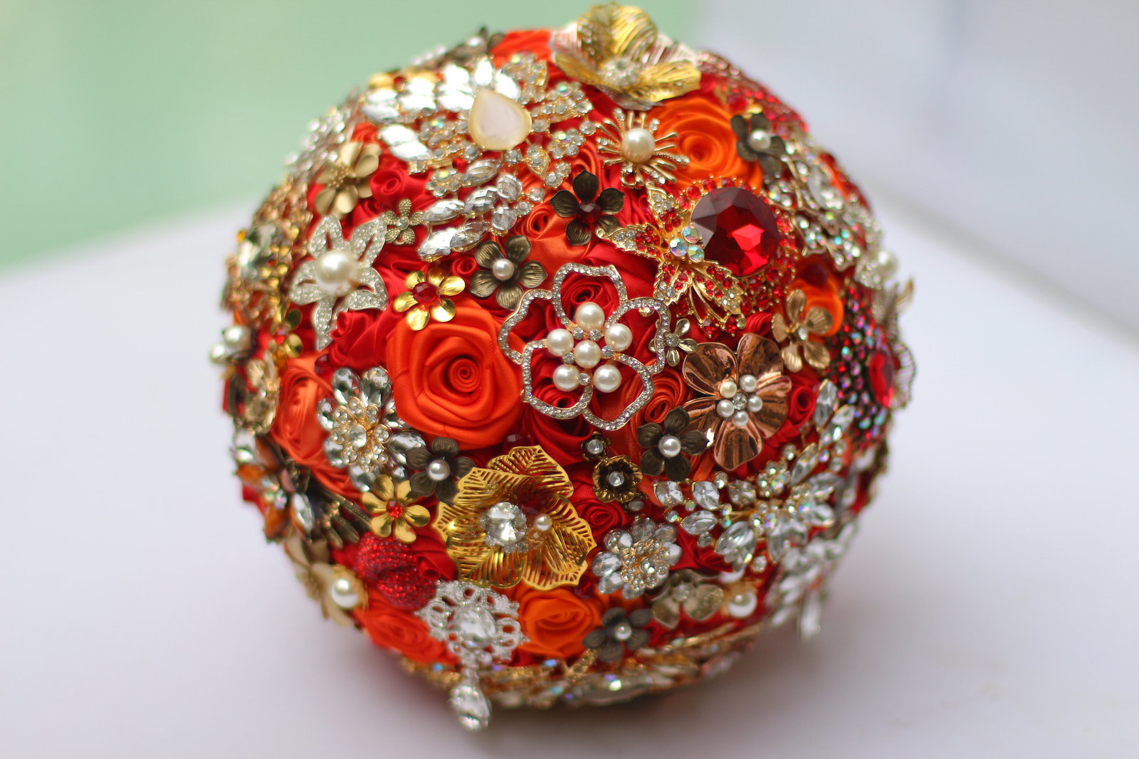 8 inch Custom red gold brooch bouquet, red bouquet ribbon rose rhinestone bouque