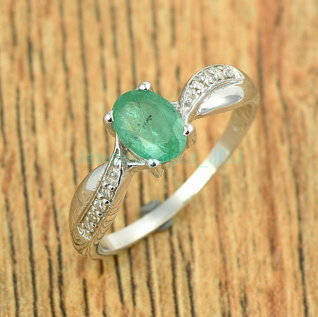 925 Sterling Silver Natural Oval Cut Emerald Gemstone Cocktail Ring Size US 4-8
