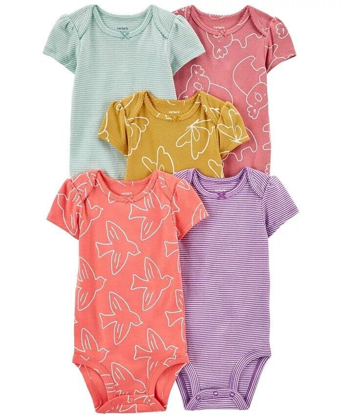 Primary image for Carter's PINK/PURPLE Baby Girls Short-Sleeve Bodysuits, Pack of 5, US Newborn