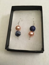 Blue and white stone and pink glass pearl dangle earrings - $18.00