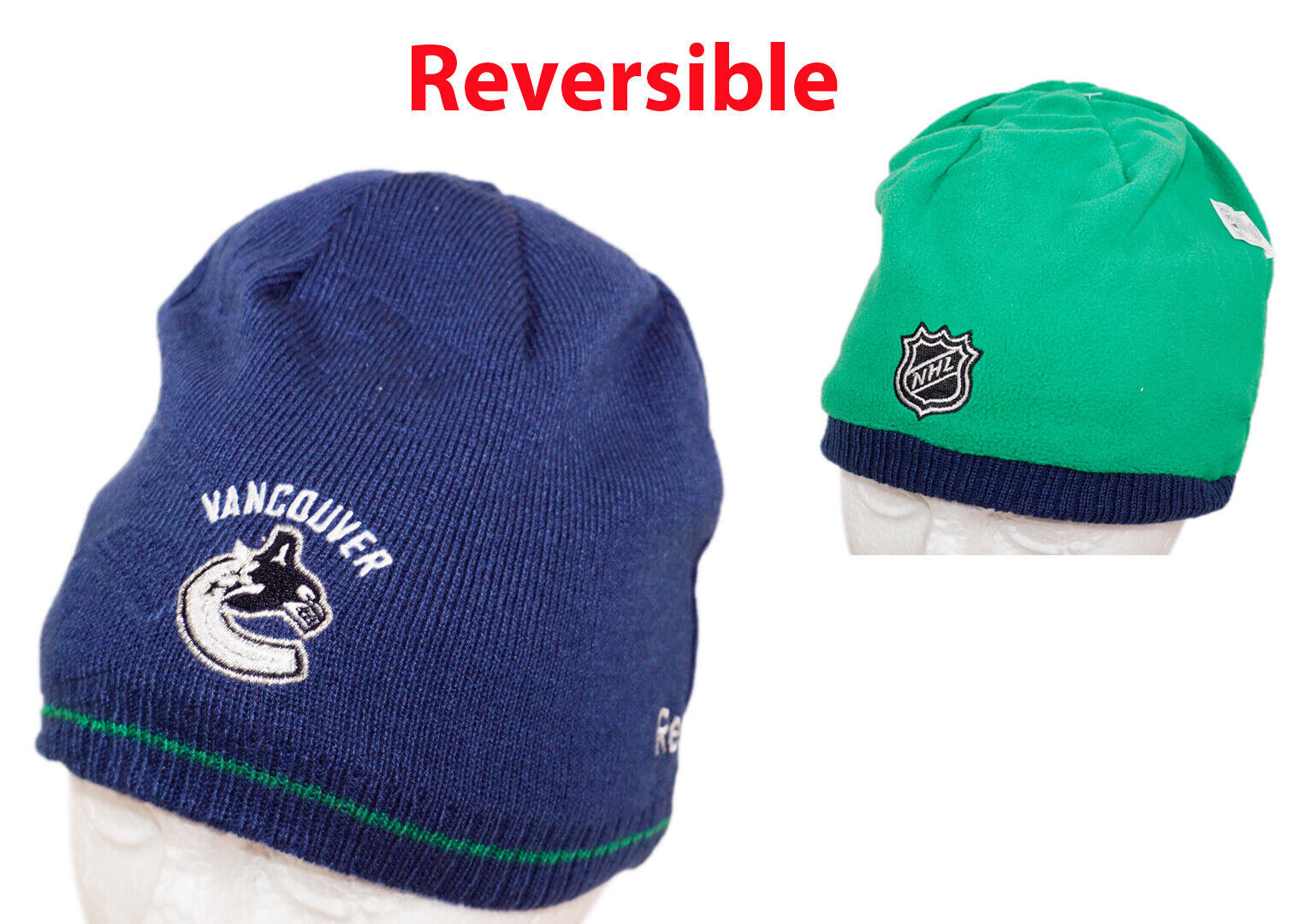 Vancouver Canucks Adult Reversible Beanie Cap - NHL Hockey Fan Toque 2010