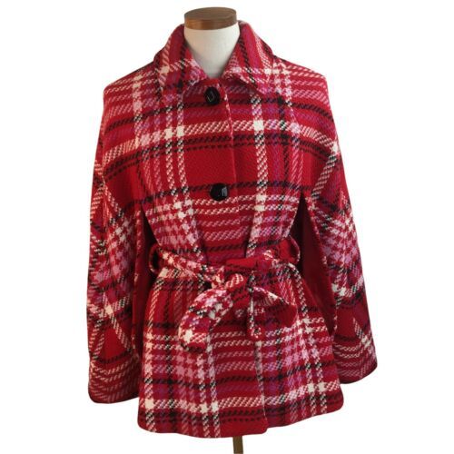 Maison Jules Red Tweed Cape Poncho Jacket Buttons Plaid M/L