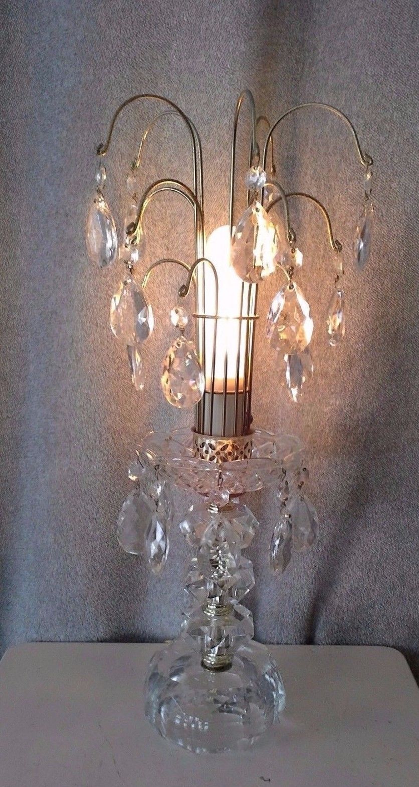 Vintage Hollywood Regency Art Deco Faceted Crystal Waterfall Lamp with Prisms Table Lamps