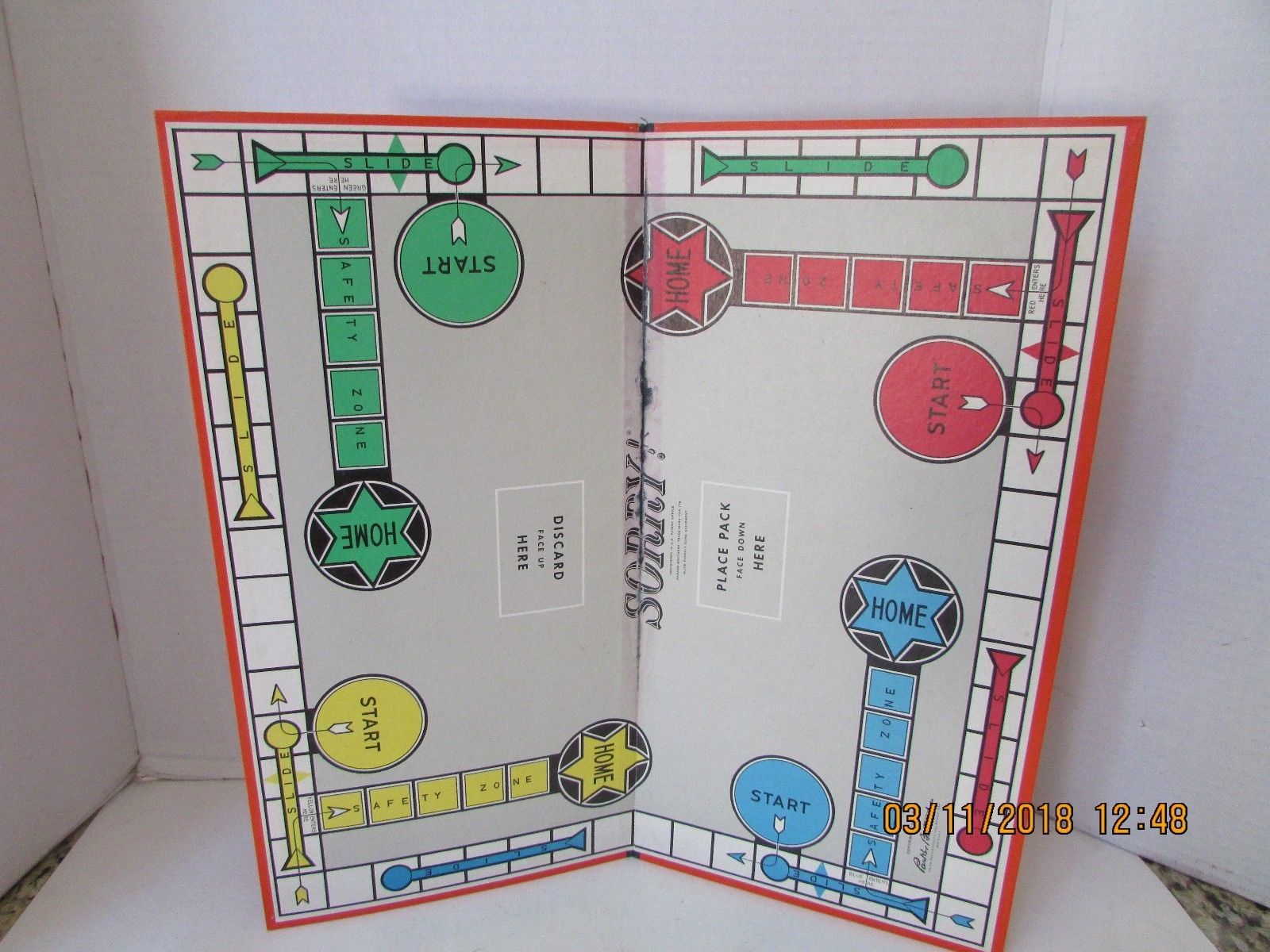 Vtg 1950 Parker Brothers Sorry Slide Board Game Board Only Stain In Crease Vintage Manufacture