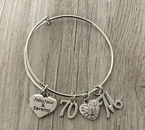 70th Birthday Bangle Bracelet with Letter Charm, Fabulous and Seventy Birthday G